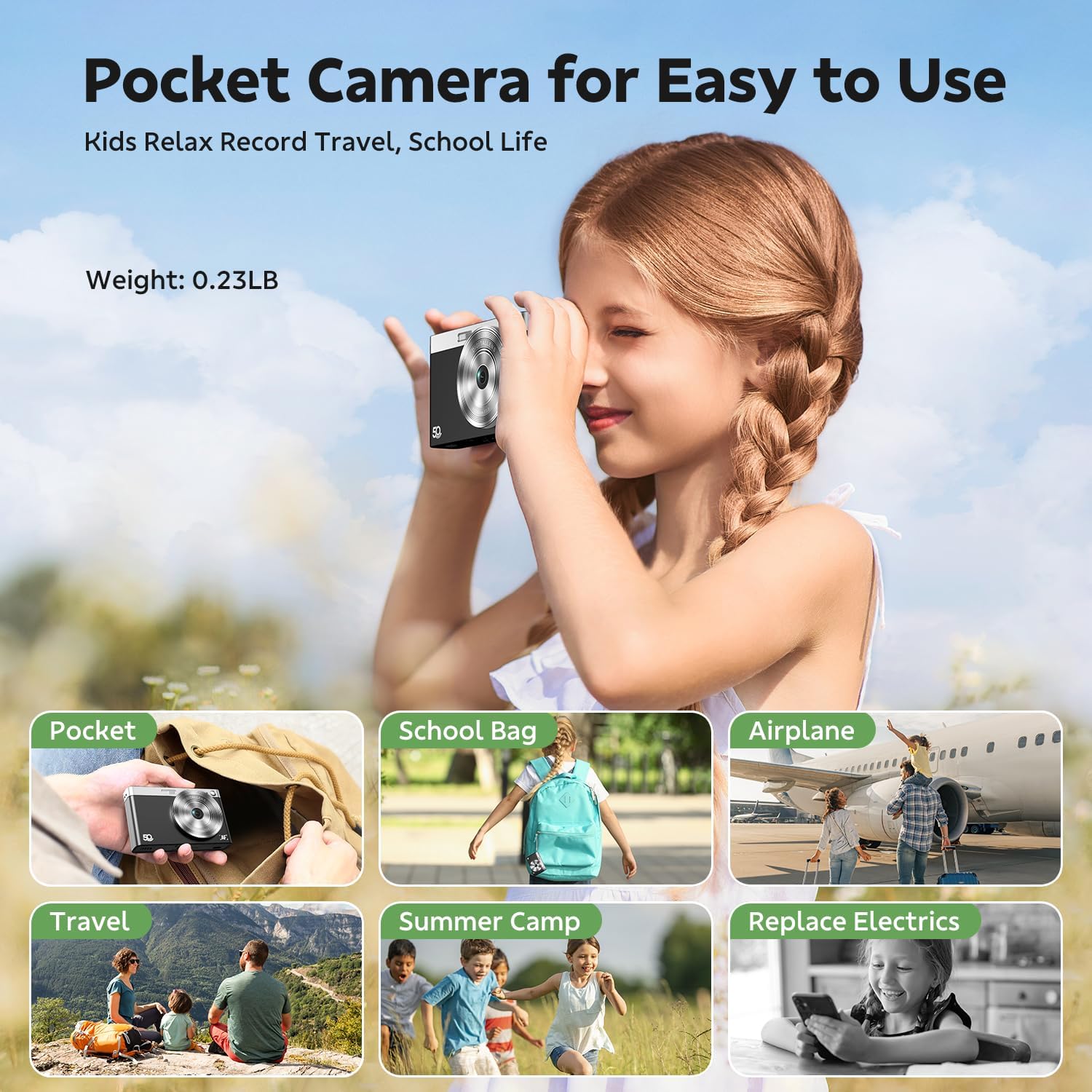 Digital Camera, FHD 1080P Kids Camera Autofocus 50MP Point and Shoot Digital Cameras with 32GB SD Card, 16X Zoom Anti Shake, Two Batteries, Lanyard, Compact Small Camera for Kids Boys Girls Black - Image 7