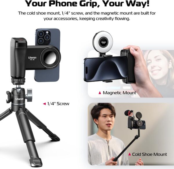 ULANZI Selfie Phone Tripod Mount MA35, 2-in-1 Magnetic & Phone Clip Camera Grip Handle Holder with Detachable Remote Shutter with Cold Shoe Adapter for iPhone 15 16 Samsung Smartphone Video Shooting - Image 5