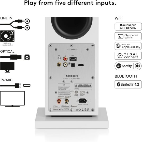 Audio Pro A38 Wireless Bluetooth Floorstanding Speakers | WiFi, HiFi, Multiroom Home Entertainment Stereo | Compatible w/Airplay 2, Spotify | for Ultimate TV Sound | White - Image 4