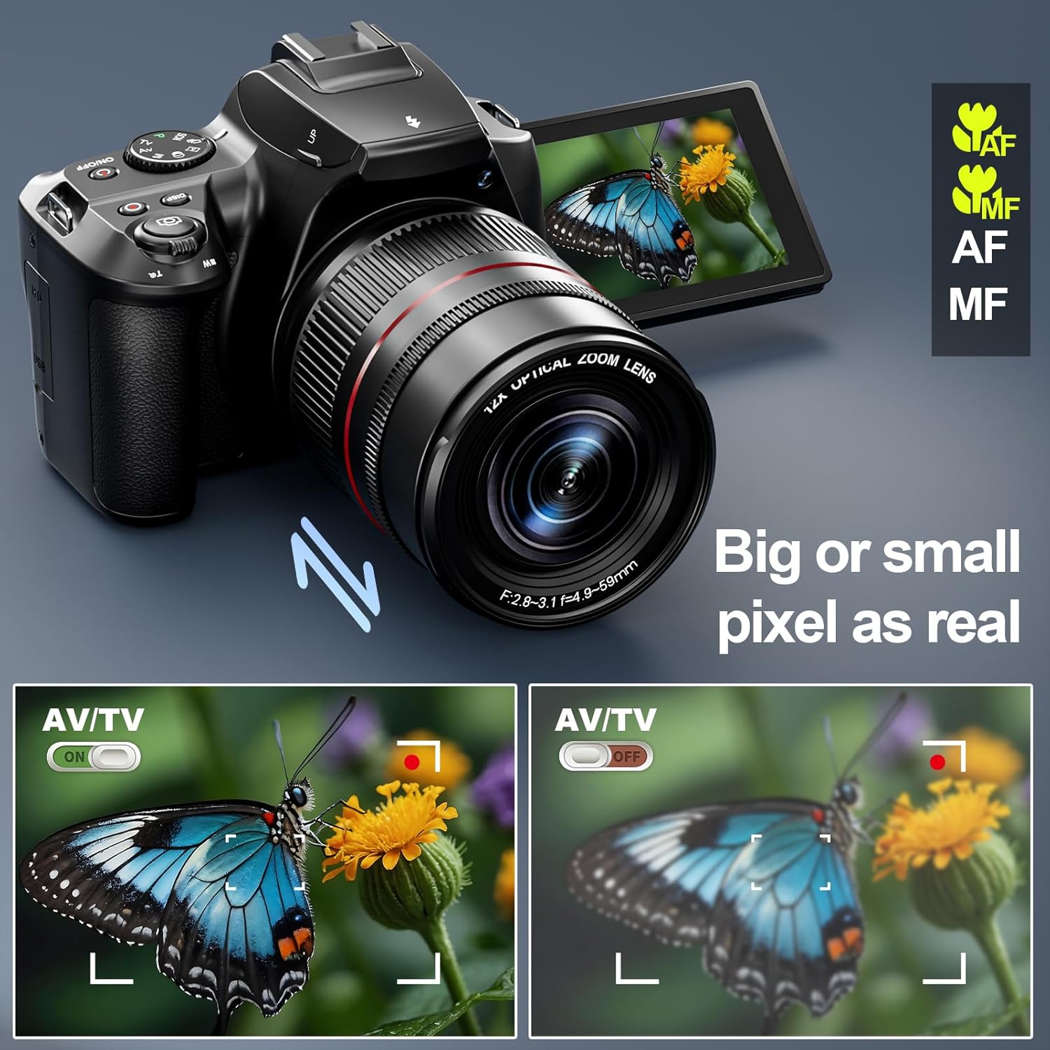 64MP Digital Camera for Photography,12 x Optical Zoom Bridge Cameras with Macro,4K vlogging Camera for YouTube,Auto Focus,Camera Straps,2 battries and 32 SD Card - Image 3
