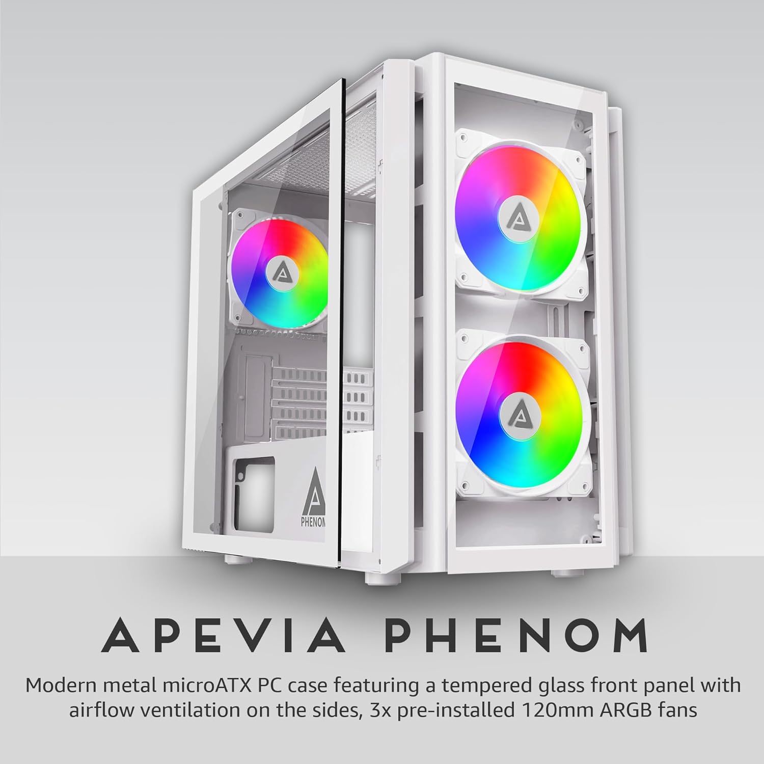 Apevia PHENOM-WH Phenom Micro ATX Gaming PC Case w/ 3x 120mm ARGB Fans, 366 RGB Light Modes, 2x Tempered Glass Panels, Front Panel Airflow Vents, Magnetic Dust Filters, 2x USB3.0, HD Audio Port, White - Image 2