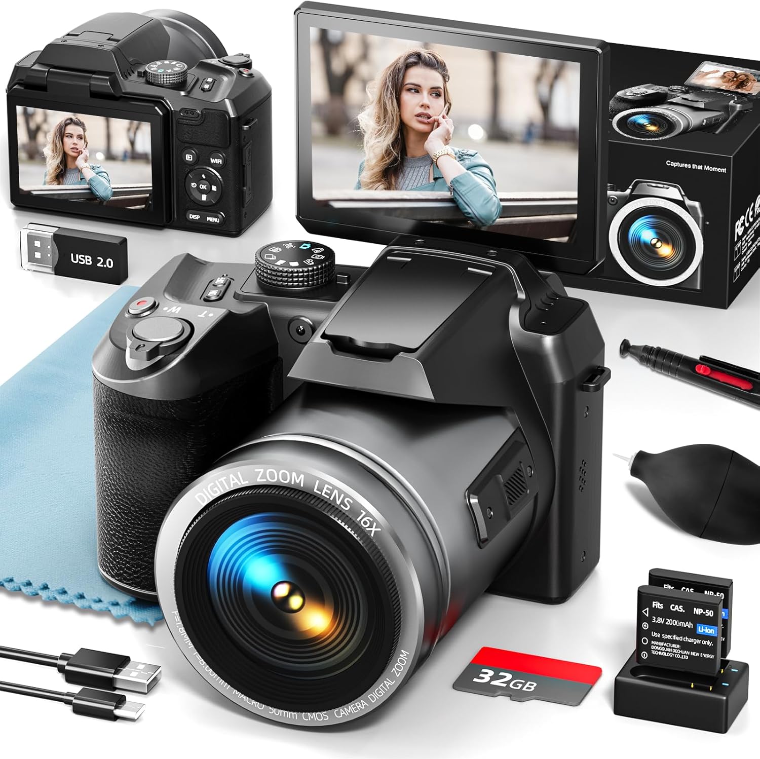 64MP 5K Digital Camera for Photography, Vlogging Cameras for YouTube with 3β Flip Screen,16X Digital Zoom, WiFi& Autofocus,2 Batteries, 32GB TF Card(S200,Black)
