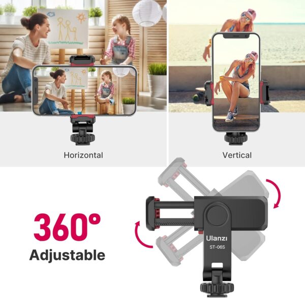 ULANZI Phone Tripod Mount ST-06S, New Universal Smartphone Mount Adapter with 2 Cold Shoe, 360° Rotates Adjustable Cell Phone Clip Clamp Holder, Compatible with iPhone, Samsung Galaxy and All Phones - Image 3