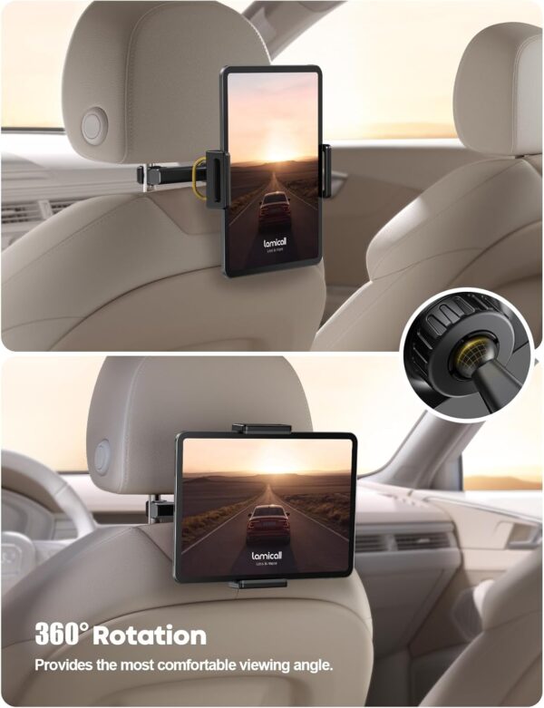Lamicall Car Tablet Headrest Holder - Car Back Seat Headrest Tablet Mount Stand for Kids, Road Trip Essentials, Compatible with 2024 iPad Pro 11/13", Air Mini, Galaxy Tab, 4.7-13" Tablet, Black - Image 3