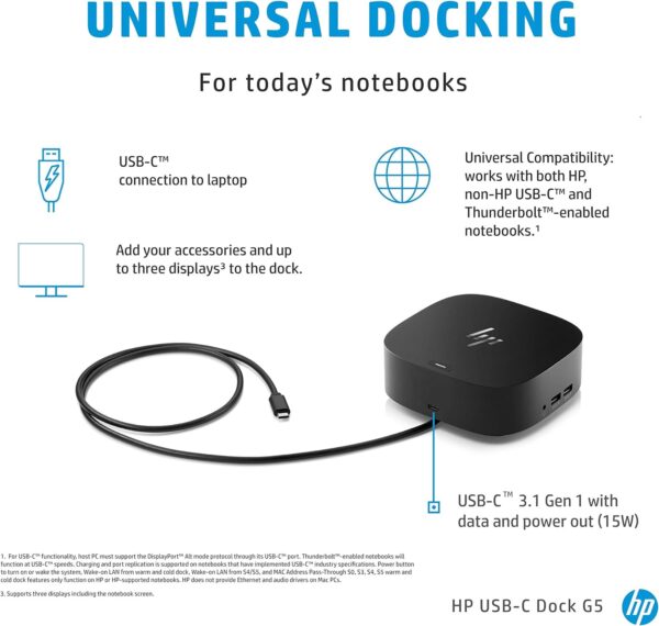 HP USB-C Dock G5-11 in 1 Adapter for Both USB-C and Thunderbolt-Enabled Laptops, PCs, & Notebooks - Single Cable for Charging, Networking, or Data Transfers - Great for Secure & Remote Management - Image 2