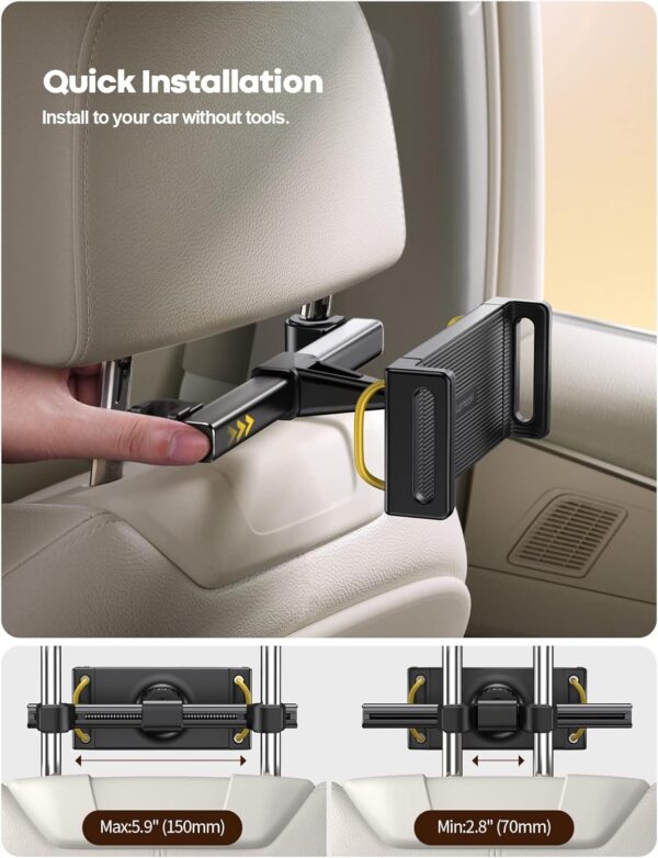 Lamicall Car Tablet Headrest Holder - Car Back Seat Headrest Tablet Mount Stand for Kids, Road Trip Essentials, Compatible with 2024 iPad Pro 11/13", Air Mini, Galaxy Tab, 4.7-13" Tablet, Black - Image 4