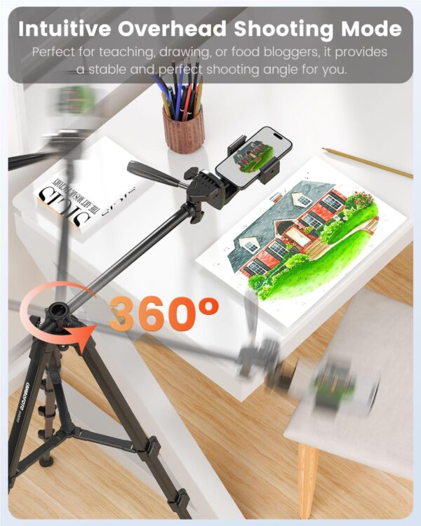 73"-Phone-Tripod-with-Horizontal-Overhead, Selfie Stick/Tall Travel Tripod Stand with Wireless Remote and iPhone Holder, Mirrorless/Compact/GoPro Camera Tripod Compatible iPhone/Smartphone - Image 4