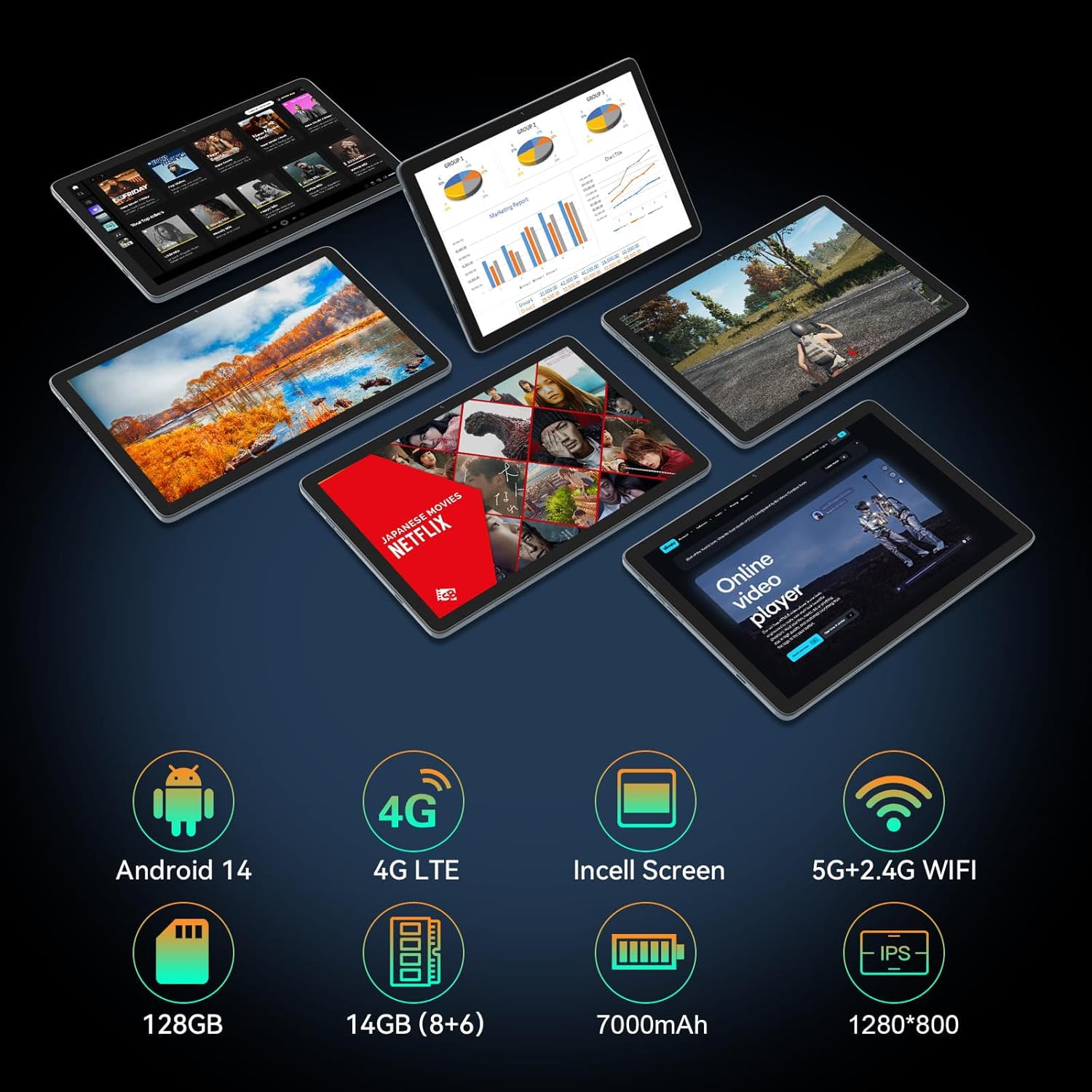 Android 14 Tablet 10.1 Inch Incell Large Screen, 2025 Latest 4G Cellular Tablet with Keyboard 14GB RAM(8+6 Virtual)+128GB ROM+1TB, 2 in 1 Octa-Core Tablet 5G WIFI 7000mAh Battery, Bluetooth/Mouse/Case - Image 2