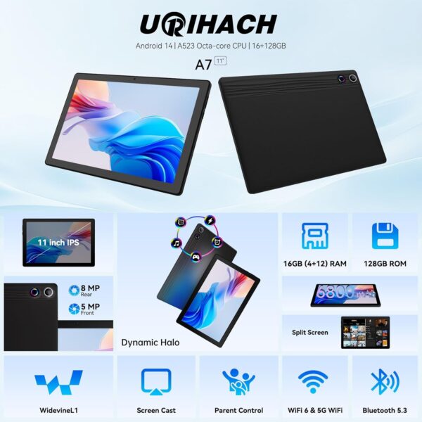 Tablet, Android Tablet, 16GB RAM 128GB ROM 1TB Expansion, 8-Core Processor, Android 14 Tablet 11 inch 1280x800 FHD Touch Screen, Widevine L1, Dynamic Halo, Dual Camera, WiFi6,BT5.3, 6800mAh Battery - Image 2