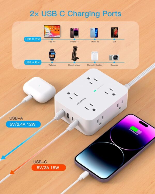 Extension Cord 25 Ft, Power Strip with 4 USB Ports(2 USB C), 1080J Surge Protection, 8 Outlets Extender Desk Charging Station for Home Office Dorm Room Essentials - Image 5