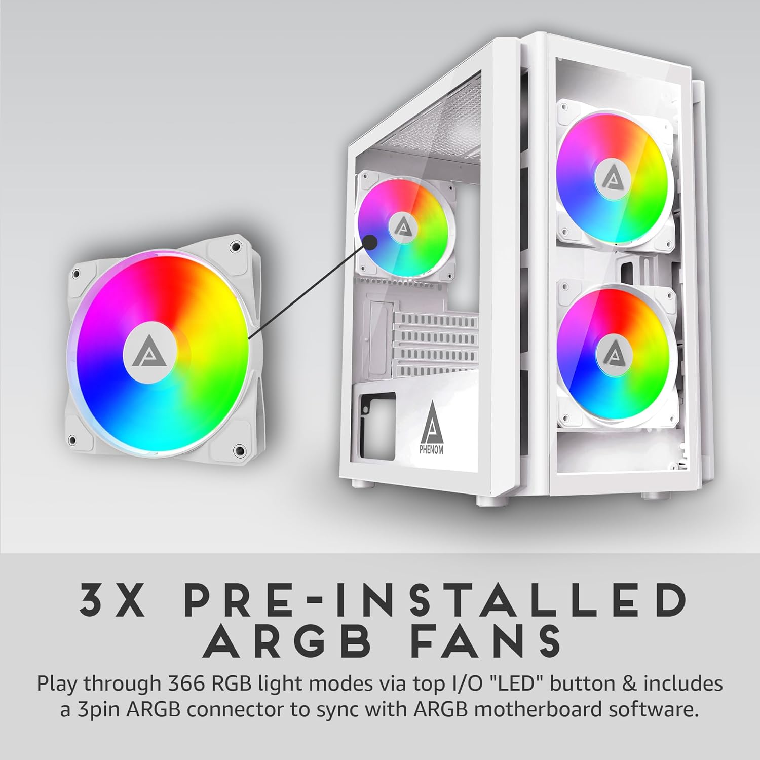 Apevia PHENOM-WH Phenom Micro ATX Gaming PC Case w/ 3x 120mm ARGB Fans, 366 RGB Light Modes, 2x Tempered Glass Panels, Front Panel Airflow Vents, Magnetic Dust Filters, 2x USB3.0, HD Audio Port, White - Image 3