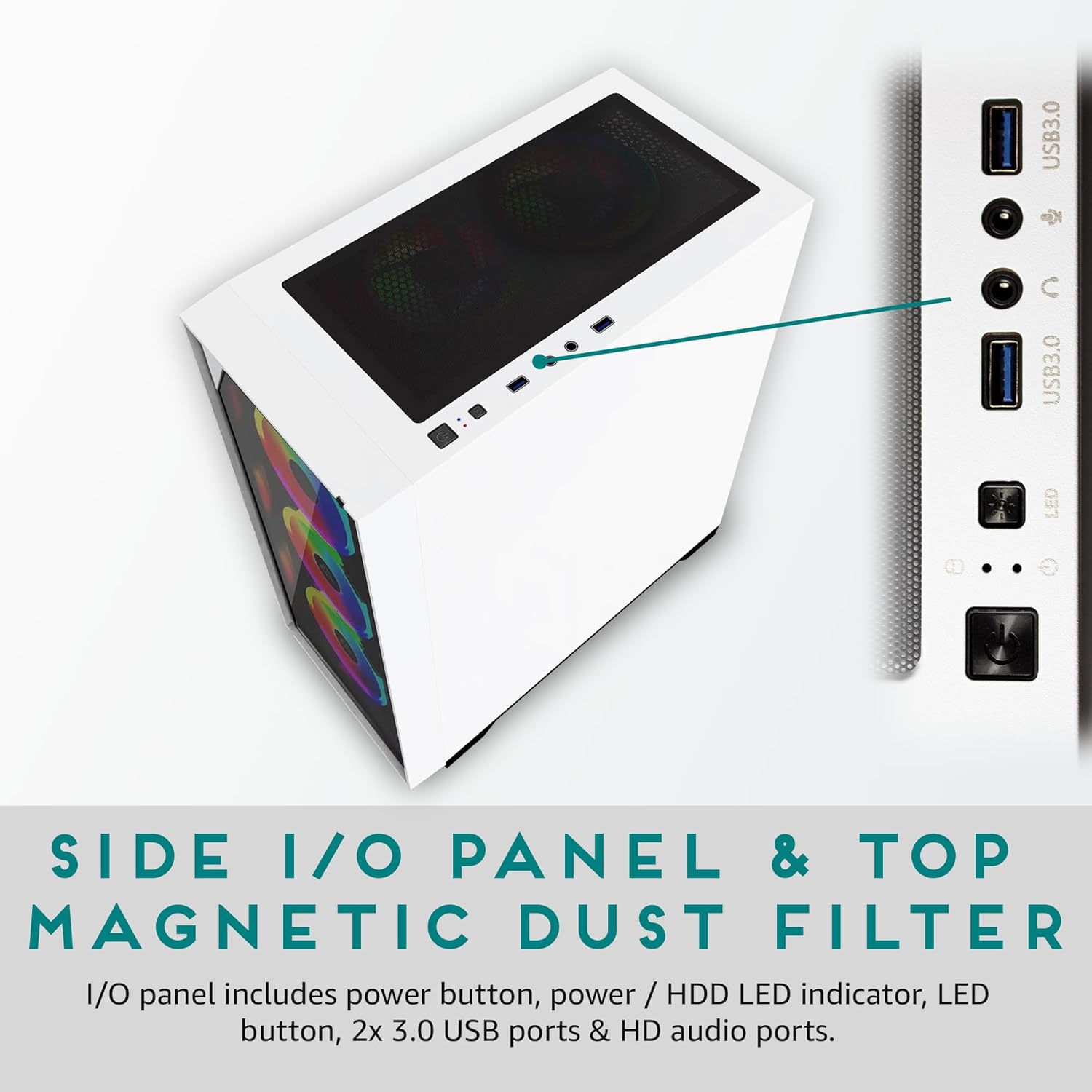 Apevia G-PRO-WH Genesis Pro Mid Tower Gaming Case with 2 x Tempered Glass Panel, Top USB3.0/USB2.0/Audio Ports, 6 x RGB Fans, White Frame - Image 5