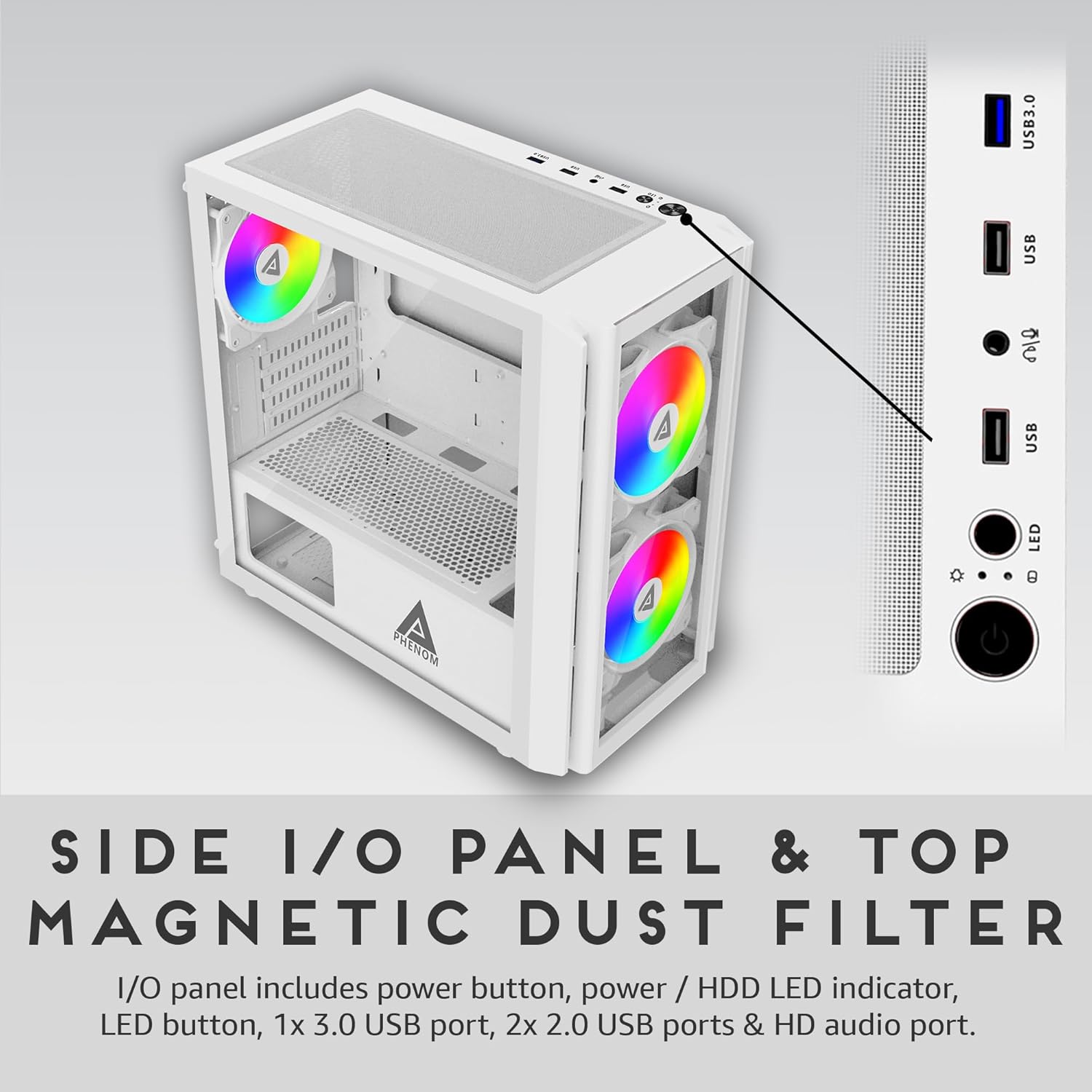 Apevia PHENOM-WH Phenom Micro ATX Gaming PC Case w/ 3x 120mm ARGB Fans, 366 RGB Light Modes, 2x Tempered Glass Panels, Front Panel Airflow Vents, Magnetic Dust Filters, 2x USB3.0, HD Audio Port, White - Image 5