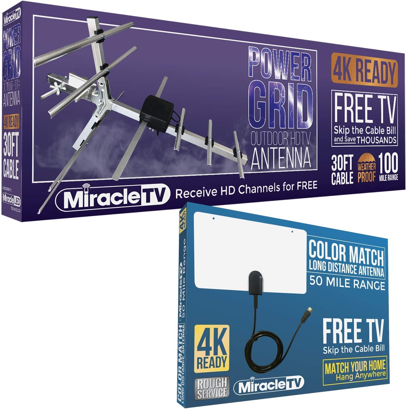 MiracleLED TV Indoor-Outdoor Antenna Home Entertainment Kit with Power Grid Outdoor HDTV Antenna & Color Match Indoor HDTV Antenna 4K Ready Free TV W/ 100 Mile Range