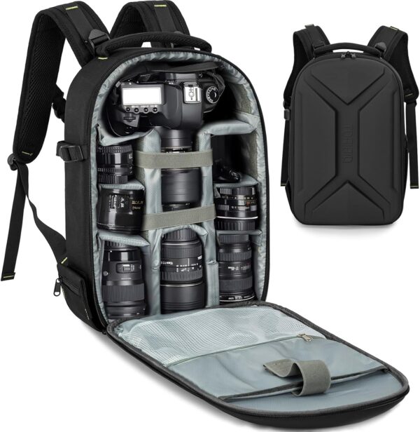 TORIBIO Hardshell Camera Backpack, DSLR/SLR/Mirrorless Photography Camera Bag, Waterproof Camera Case with Tripod Holder & Laptop Compartment Compatible with Canon/Nikon/Sony, Black