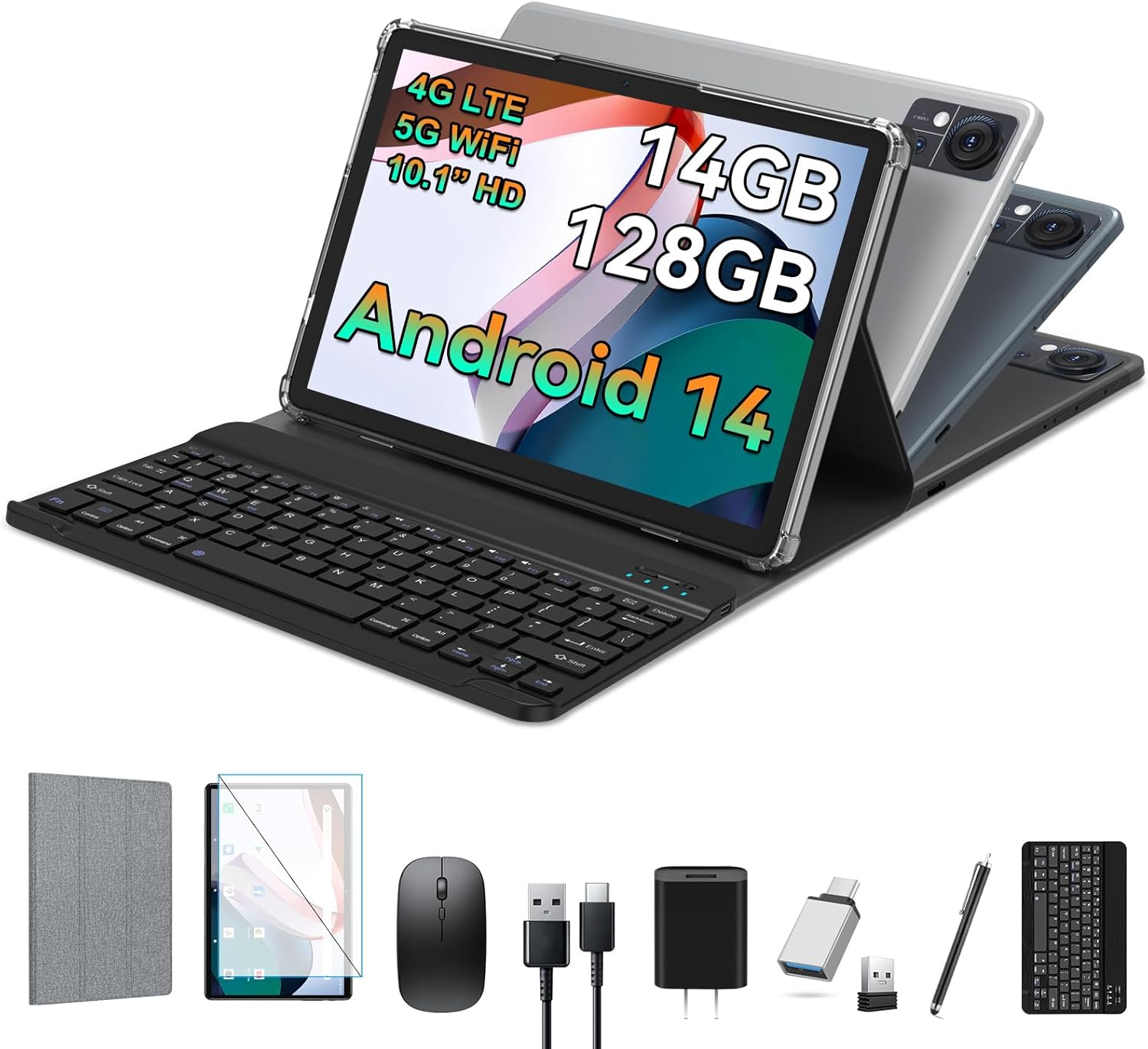 Android 14 Tablet 10.1 Inch Incell Large Screen, 2025 Latest 4G Cellular Tablet with Keyboard 14GB RAM(8+6 Virtual)+128GB ROM+1TB, 2 in 1 Octa-Core Tablet 5G WIFI 7000mAh Battery, Bluetooth/Mouse/Case