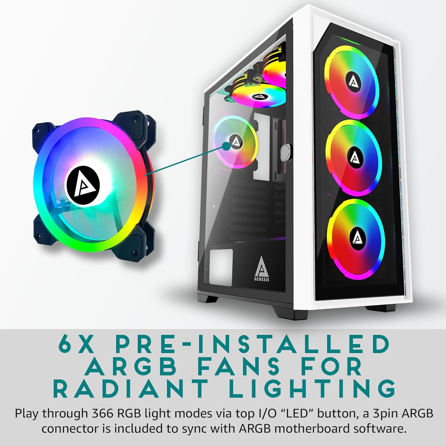 Apevia G-PRO-WH Genesis Pro Mid Tower Gaming Case with 2 x Tempered Glass Panel, Top USB3.0/USB2.0/Audio Ports, 6 x RGB Fans, White Frame - Image 3