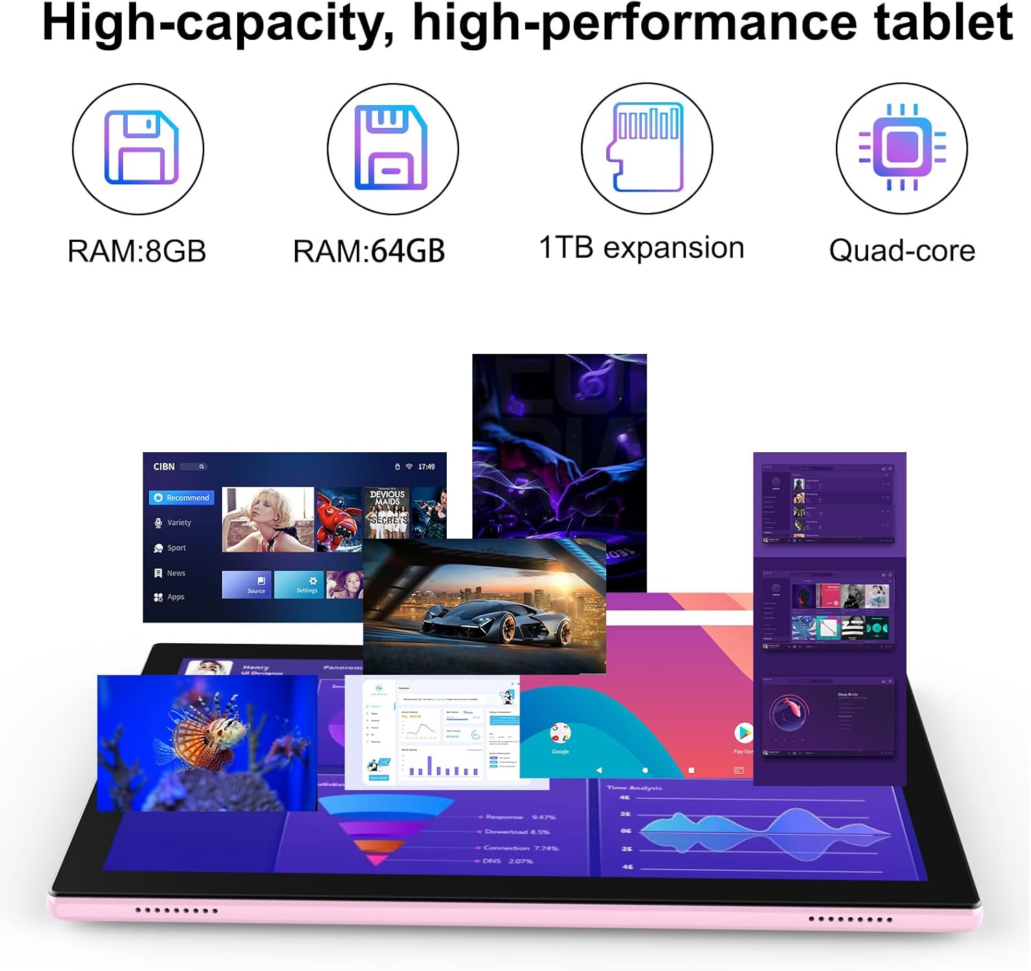 Android 14 Tablet 10 Inch, 2 in 1 Tablets with Keyboard/ Mouse/ Case/ Stylus, 8GB RAM+64GB ROM/1TB Expand Tablet, 1.8Ghz Quad-core Processor, 1280*800 HD Touch Screen, 8MP Camera, 5G WIFI 6 Tablet - Image 3