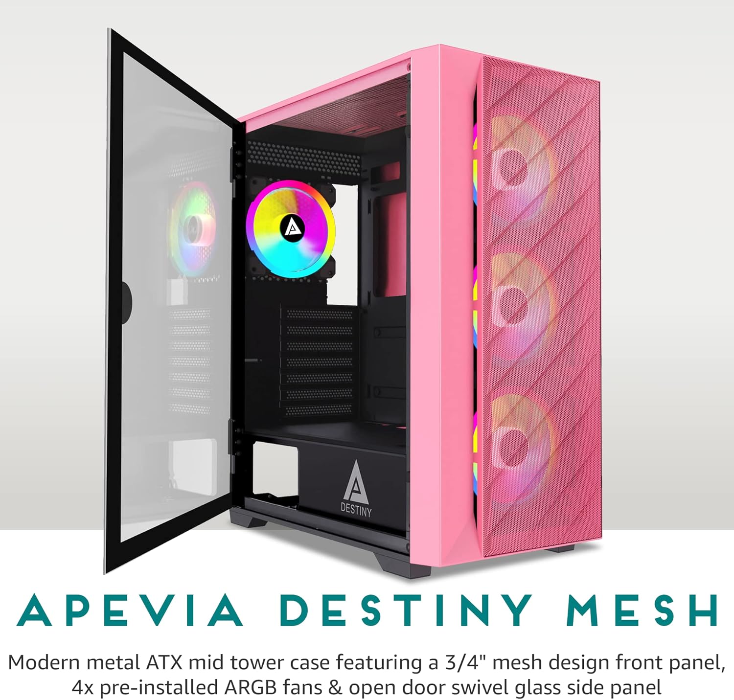 Apevia Destiny-MESH-PK Destiny Mesh Mid Tower Gaming PC Case w/ 4X 120mm ARGB Fans, 366 RGB Light Modes, 1x Metal Mesh Front Panel, 1x Door Swivel Style Magnetic Glass Side Panel, 2X USB3.0, Pink - Image 2