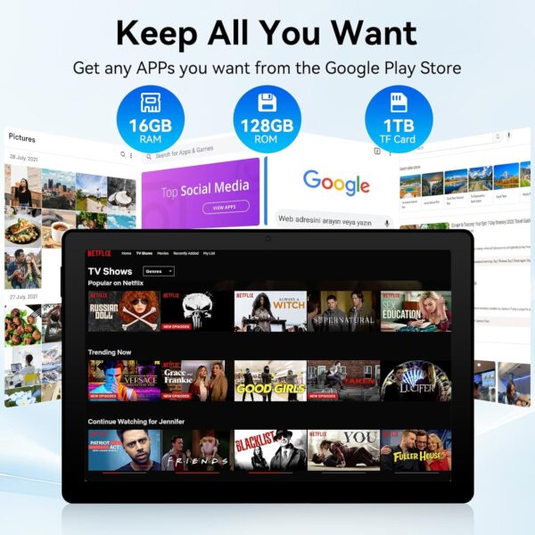 Tablet, Android Tablet, 16GB RAM 128GB ROM 1TB Expansion, 8-Core Processor, Android 14 Tablet 11 inch 1280x800 FHD Touch Screen, Widevine L1, Dynamic Halo, Dual Camera, WiFi6,BT5.3, 6800mAh Battery - Image 3