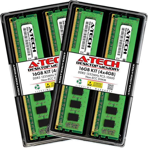 A-Tech RAM 16GB Kit (4x4GB) DDR3 1333 MHz PC3-10600 DIMM - Desktop Computer Memory - CL9 240-Pin UDIMM Non-ECC Unbuffered Upgrade Modules
