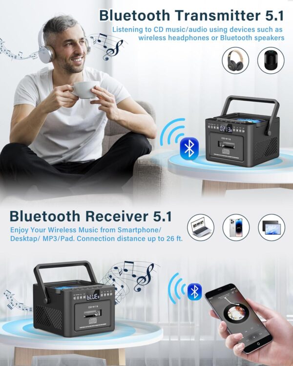 Boombox Cassette CD Player Bluetooth5.1 with 5000mAh Battery,5W Dual Stereo Speakers,Rechargeable CD Player with FM Radio,Remote Control,Tape Recording,3.5mm Earphone Jack,AUX/Micro SD/USB for Home - Image 3