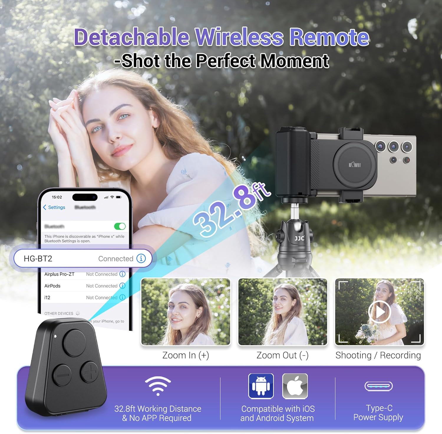 KIWIFOTOS Universal Phone Camera Grip Android Zoomable Phone Tripod Mount with Remote Control & Cold Shoe Adapter for iPhone 16 Samsung Travel Selfie Vlog Video Shooting Camera Grip (Black) - Image 2