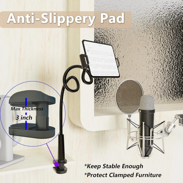 Tablet Stand Holder, Mount Holder Clip with Grip Flexible Long Arm Gooseneck Compatible with ipad iPhone/Nintendo Switch/Samsung Galaxy Tabs/Amazon Kindle Fire HD - Black - Image 5