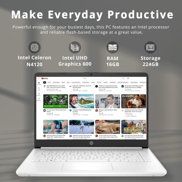 HP Stream 14" HD Lightweight Laptop, Intel Celeron N4120, 16GB RAM, 224GB Storage(64GB eMMC + 160GB Docking Station), Intel UHD Graphics, HD Webcam, 1 Year Office 365, WiFi, Bluetooth, Win 11s, White - Image 3