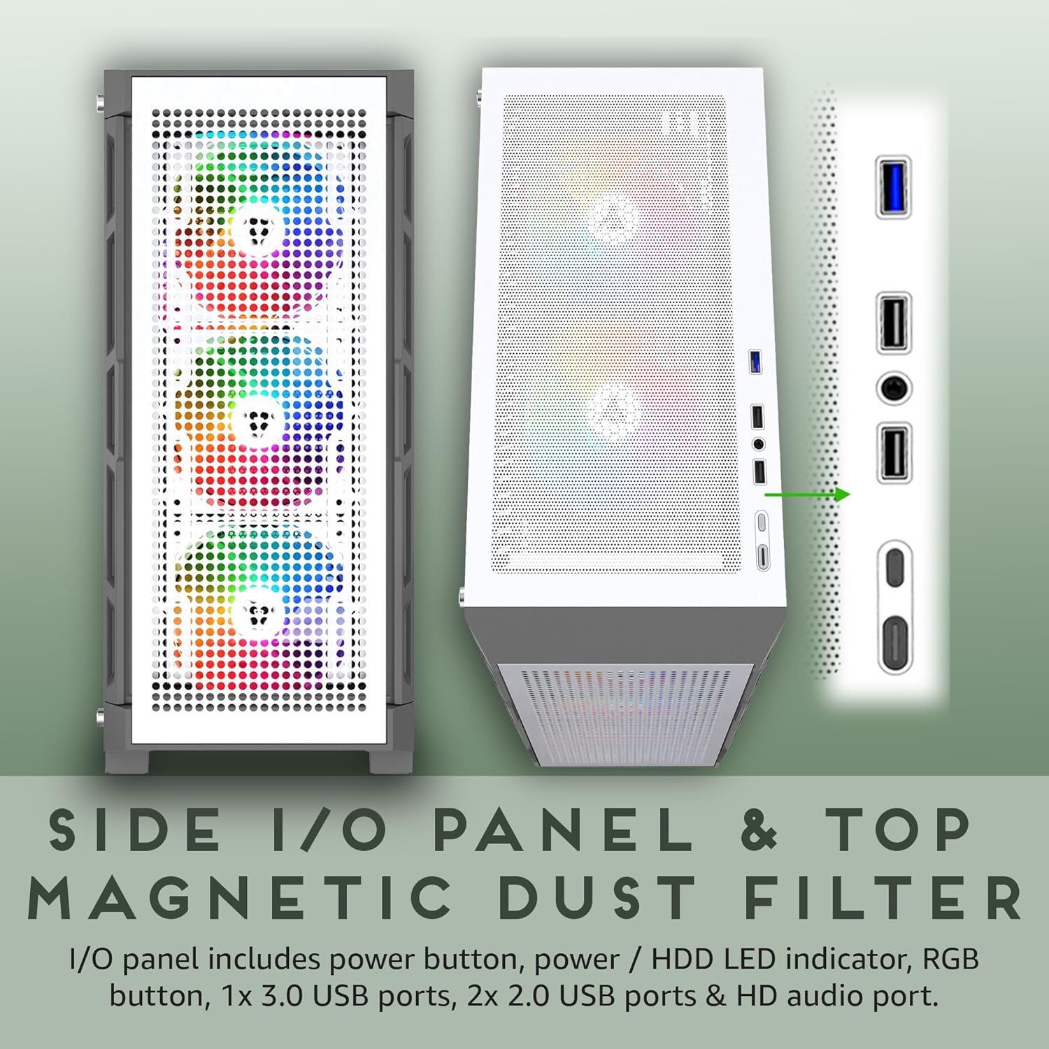 Apevia Hydra-WH Hydra Mid Tower Gaming PC Case w/ 6X 120mm ARGB Fans, 366 RGB Light Modes, High Performance Breathable Airflow Mesh Front Panel, Tempered Glass Side Panel, 1X USB3.0, 2X USB2.0, - Image 5