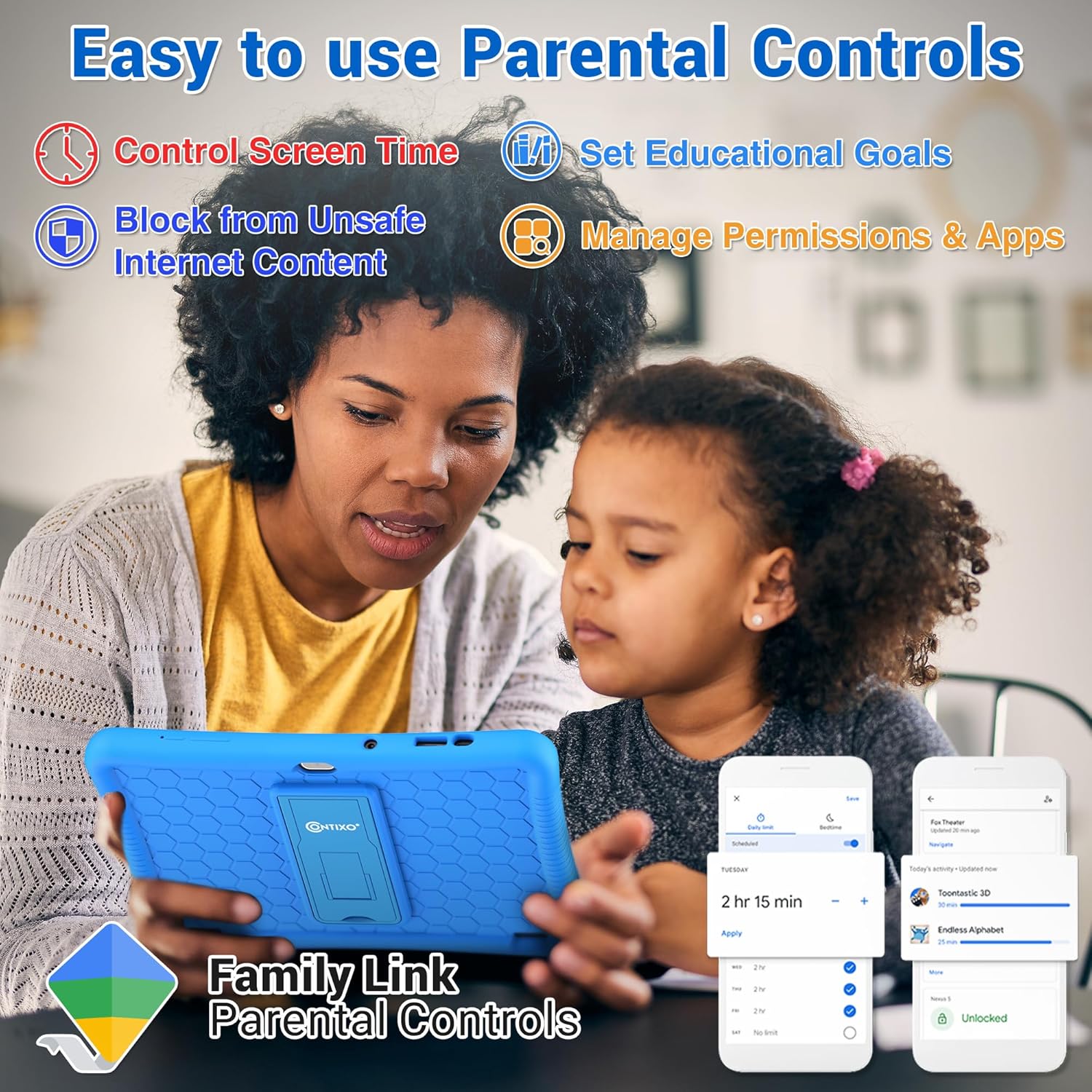 Contixo 10" Android Kids Tablet 32GB, Includes 80+ Disney Storybooks & Stickers, Parental Controls, Kid-Proof Case with Kickstand & Stylus, (2024 Model) - Blue - Image 4