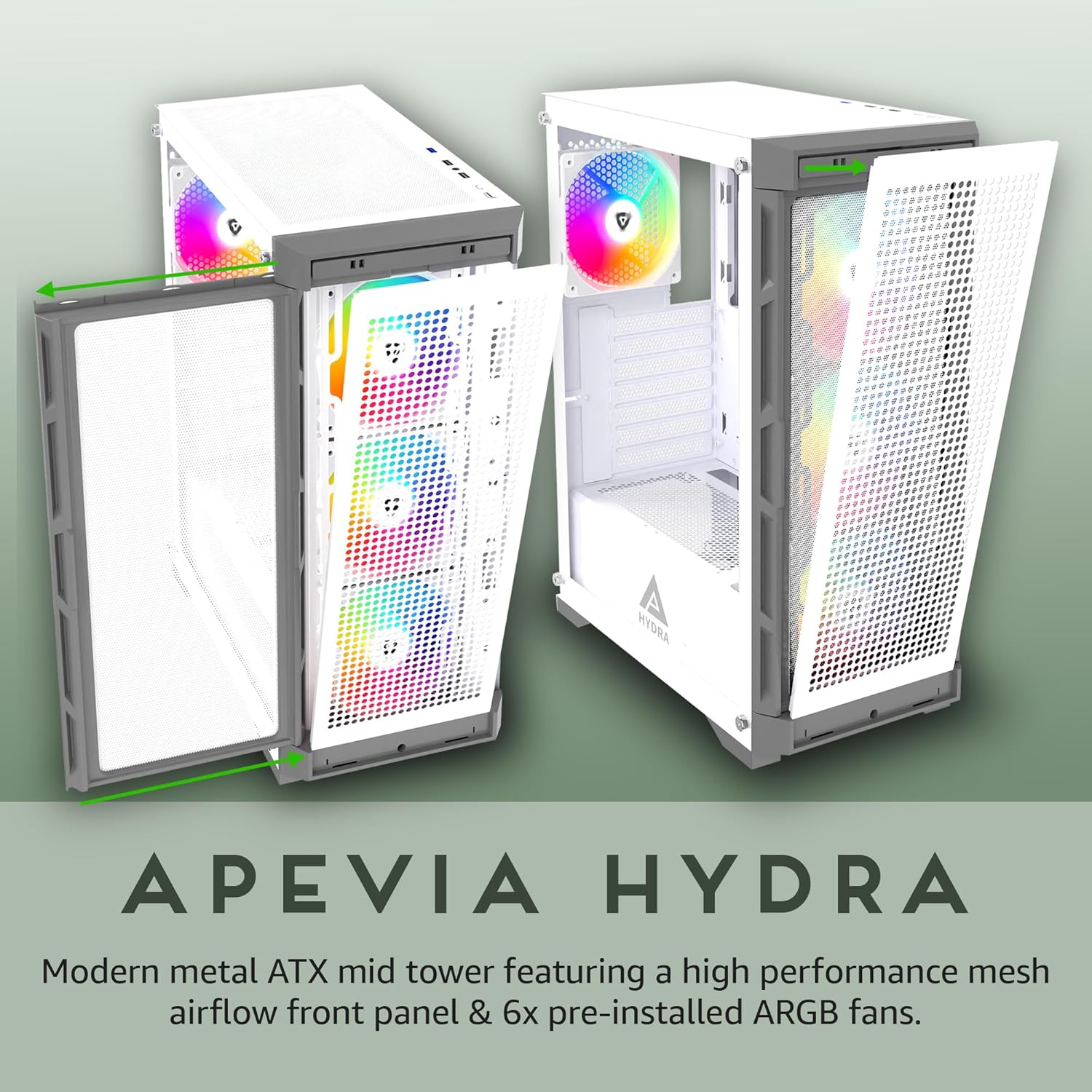 Apevia Hydra-WH Hydra Mid Tower Gaming PC Case w/ 6X 120mm ARGB Fans, 366 RGB Light Modes, High Performance Breathable Airflow Mesh Front Panel, Tempered Glass Side Panel, 1X USB3.0, 2X USB2.0, - Image 2