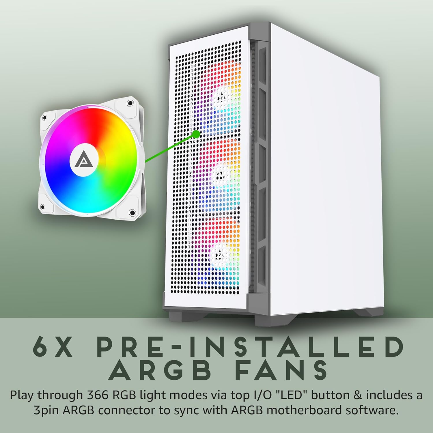 Apevia Hydra-WH Hydra Mid Tower Gaming PC Case w/ 6X 120mm ARGB Fans, 366 RGB Light Modes, High Performance Breathable Airflow Mesh Front Panel, Tempered Glass Side Panel, 1X USB3.0, 2X USB2.0, - Image 3