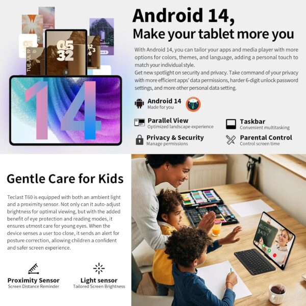 TECLAST Tablet 12 inch Android 14 Tablets, T60 with 256GB Storage(Expand to 1TB), Unisoc T616 CPU, 8000mAh +18W PD Fast Charger, 4 Speakers, 5G WiFi+4G LTE, Dual 13MP Camera,GPS - Image 3