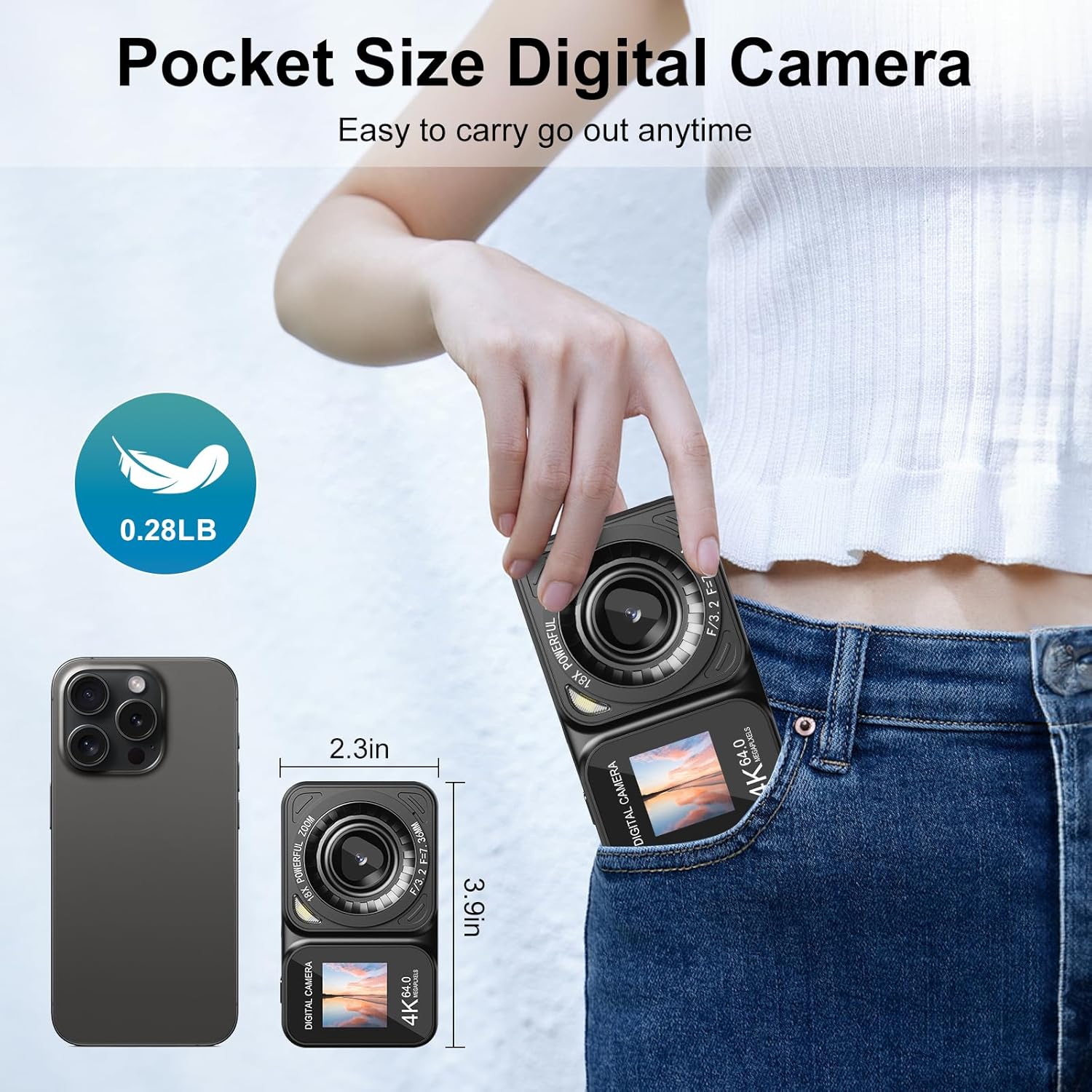 Digital Camera, 4K 64MP Dual Screens Camera, 18X Zoom, Point and Shoot Digital Camera with 64GB TF Card & 2 Batteries, Portable Rechargeable Small Camera for Kids Teens Adult, Black - Image 3
