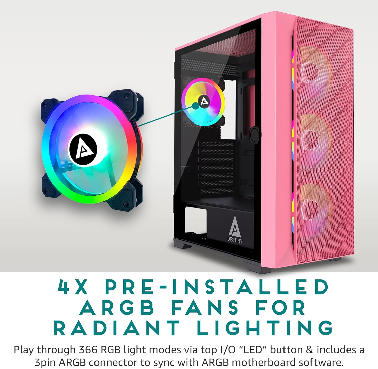 Apevia Destiny-MESH-PK Destiny Mesh Mid Tower Gaming PC Case w/ 4X 120mm ARGB Fans, 366 RGB Light Modes, 1x Metal Mesh Front Panel, 1x Door Swivel Style Magnetic Glass Side Panel, 2X USB3.0, Pink - Image 3