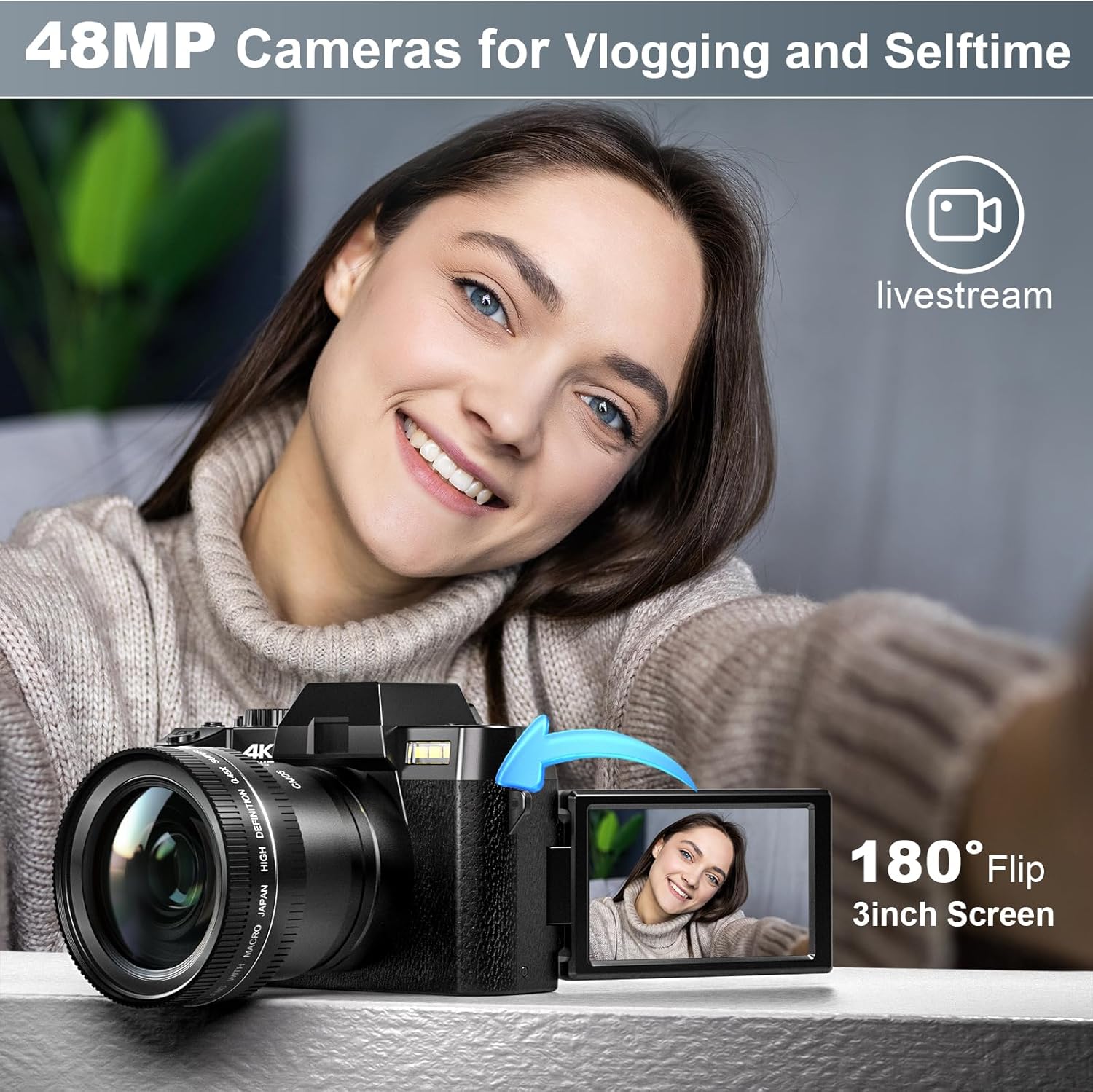 Digital Camera for Photography and Video,4K 48MP Vlogging Camera for YouTube with 180° Flip Screen,16X Digital Zoom,52mm Wide Angle,Leather Hold & Strap, 2 Batteries, 32GB TF Card(S100,Black - Image 4