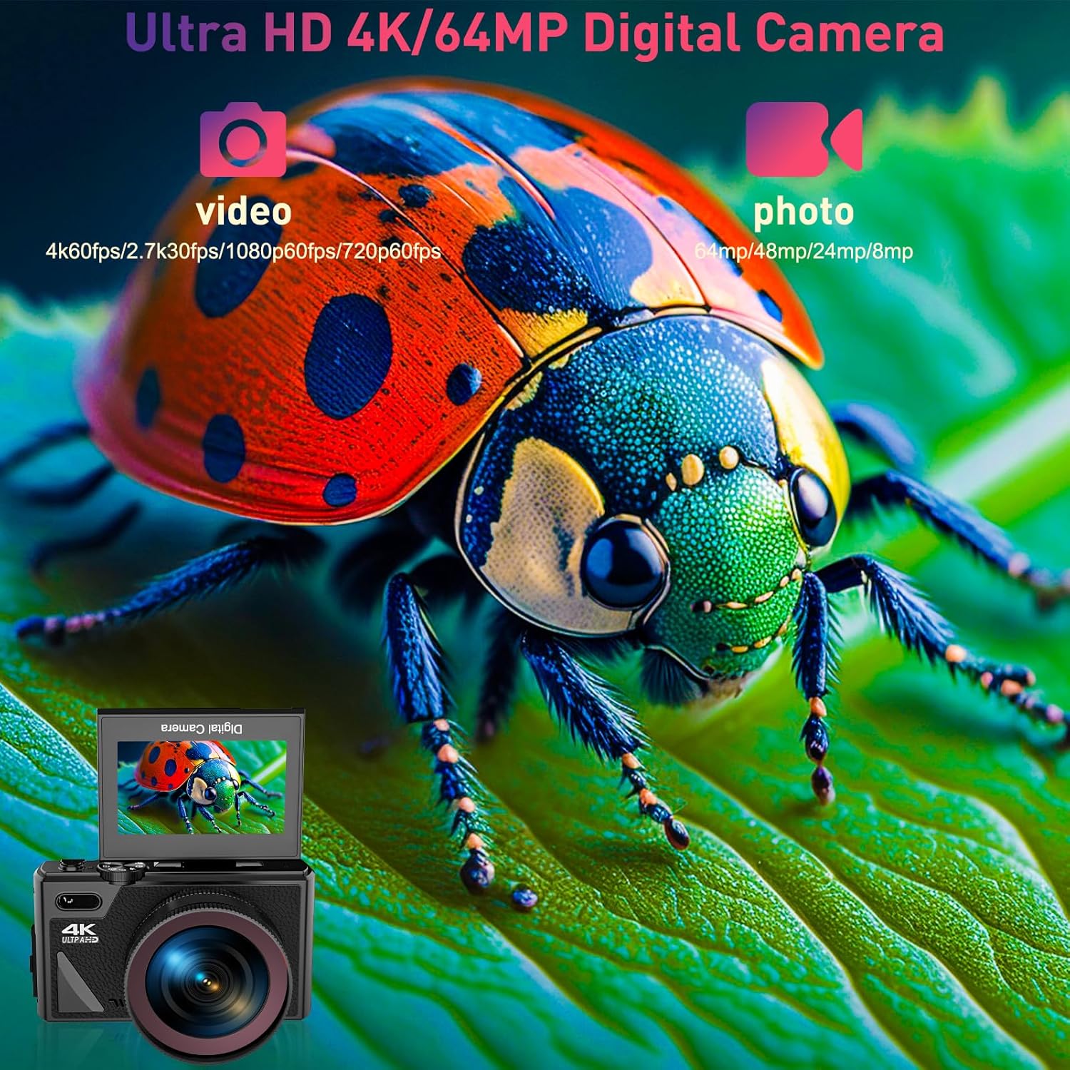 4K Digital Camera for Photography, WiFi Autofocus 64MP Vlogging Camera for YouTube with Super Wide-Angle & Macro Lens, 3" 180° Flip Screen, Video Compact Travel Camera for Beginner, Black - Image 2