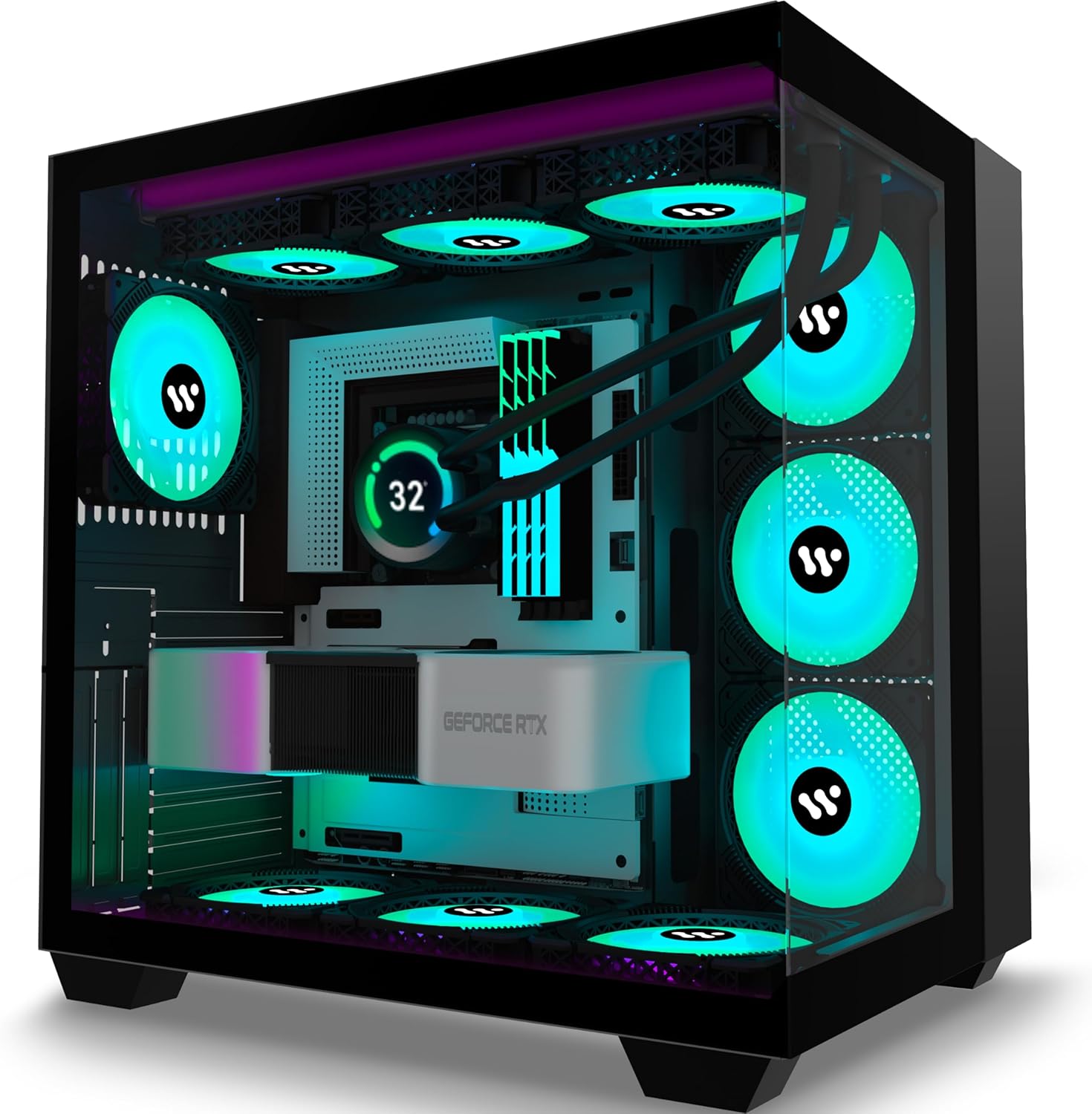 PC CASE ATX 9 PWM ARGB Fans Pre-Installed, Mid-Tower Gaming PC Case, Panoramic Tempered Glass Computer Case with Type-C,360mm Radiator Support (H9)
