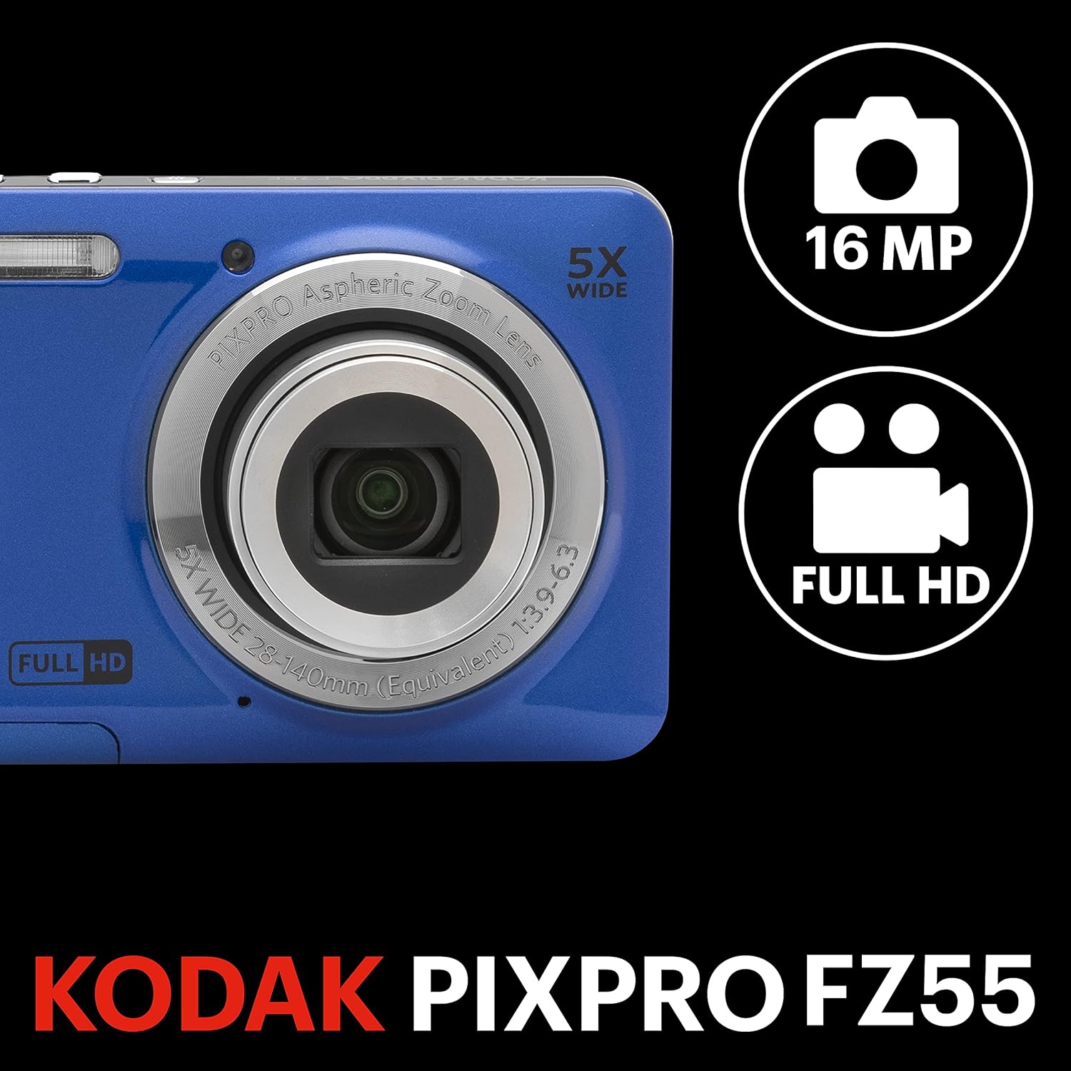 KODAK PIXPRO FZ55-BL 16MP Digital Camera 5X Optical Zoom 28mm Wide Angle 1080P Full HD Video 2.7" LCD Vlogging Camera (Blue) - Image 2