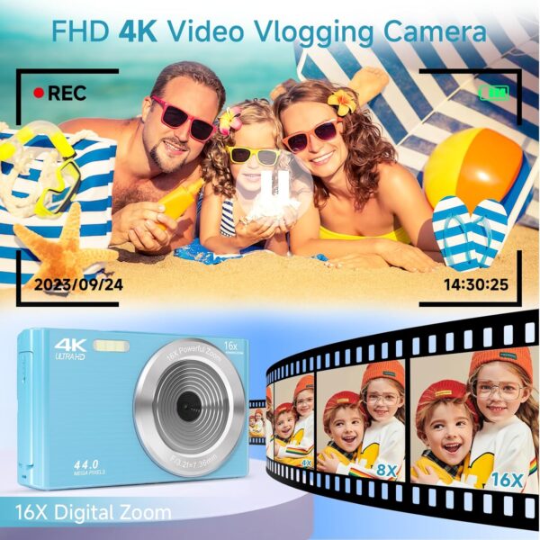 Digital Camera for Teens, FHD 4K 44MP Digital Camera Blue Autofocus with 64GB SD Card 16X Zoom, Cameras for Photography Compact Point and Shoot Camera for Teen Boy Girl Kids Camera Beginner - Image 3