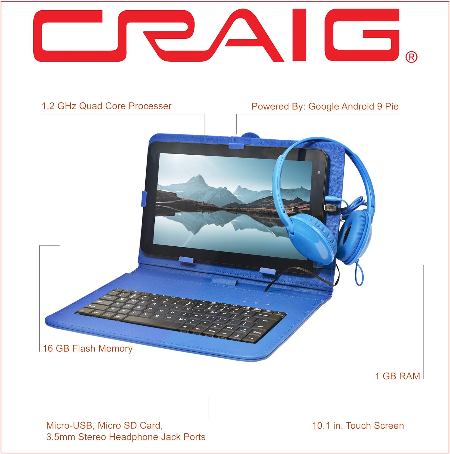 Craig CMP840 BUN-BL-HD Quad Core 10.1 in. Tablet with Keyboard Case & Headphones in Blue - Image 2