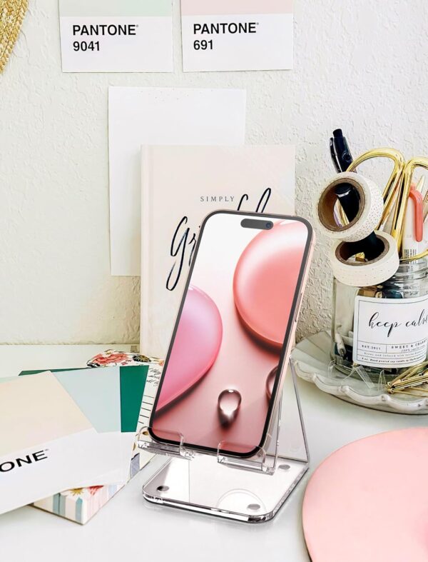 TOPGO Acrylic Cell Phone Stand, Clear Phone Holder for Office Desk, Vanity, Kitchen, Bedside Table, Compatible with iPhone/Smartphones/iPad/Switch/Kindle, Office Desk Accessories, Desk Organization - Image 3