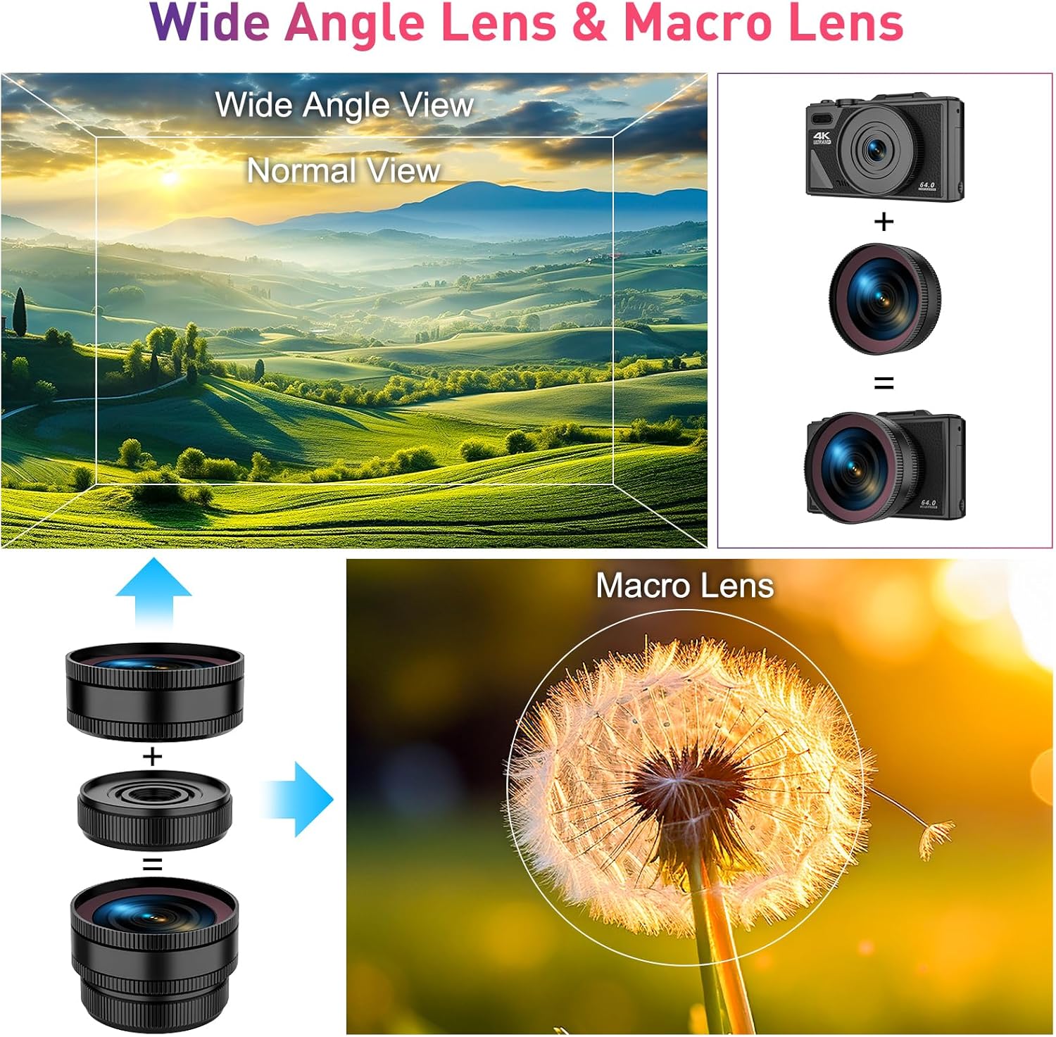 4K Digital Camera for Photography, WiFi Autofocus 64MP Vlogging Camera for YouTube with Super Wide-Angle & Macro Lens, 3" 180° Flip Screen, Video Compact Travel Camera for Beginner, Black - Image 4