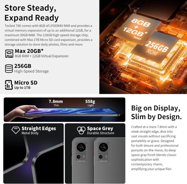 TECLAST Tablet 12 inch Android 14 Tablets, T60 with 256GB Storage(Expand to 1TB), Unisoc T616 CPU, 8000mAh +18W PD Fast Charger, 4 Speakers, 5G WiFi+4G LTE, Dual 13MP Camera,GPS - Image 5