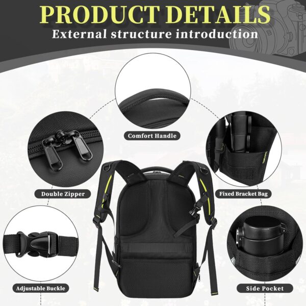 TORIBIO Hardshell Camera Backpack, DSLR/SLR/Mirrorless Photography Camera Bag, Waterproof Camera Case with Tripod Holder & Laptop Compartment Compatible with Canon/Nikon/Sony, Black - Image 8