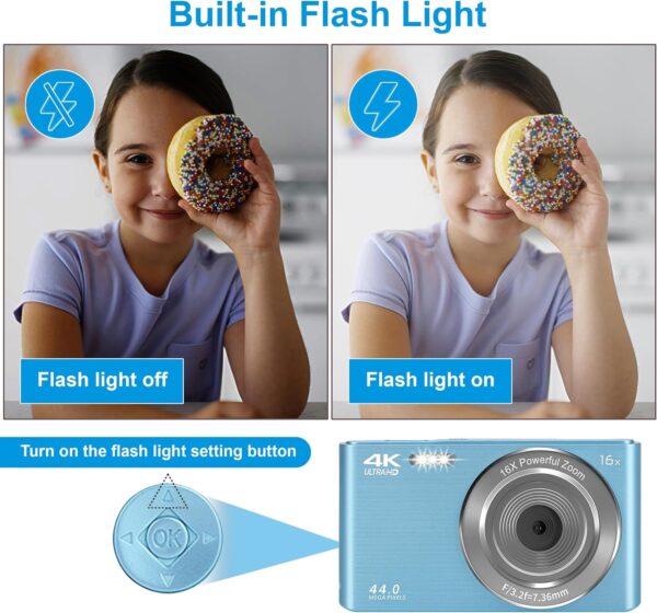 Digital Camera for Teens, FHD 4K 44MP Digital Camera Blue Autofocus with 64GB SD Card 16X Zoom, Cameras for Photography Compact Point and Shoot Camera for Teen Boy Girl Kids Camera Beginner - Image 7