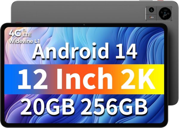 TECLAST Tablet 12 inch Android 14 Tablets, T60 with 256GB Storage(Expand to 1TB), Unisoc T616 CPU, 8000mAh +18W PD Fast Charger, 4 Speakers, 5G WiFi+4G LTE, Dual 13MP Camera,GPS