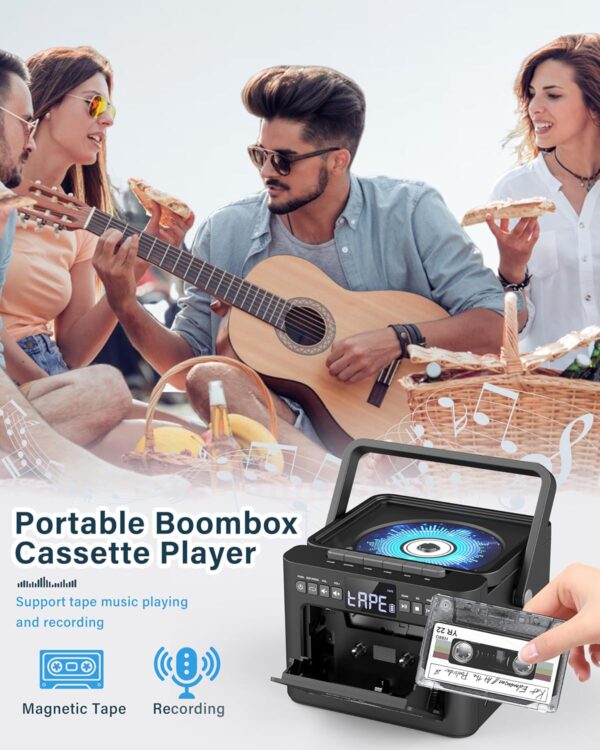 Boombox Cassette CD Player Bluetooth5.1 with 5000mAh Battery,5W Dual Stereo Speakers,Rechargeable CD Player with FM Radio,Remote Control,Tape Recording,3.5mm Earphone Jack,AUX/Micro SD/USB for Home - Image 4
