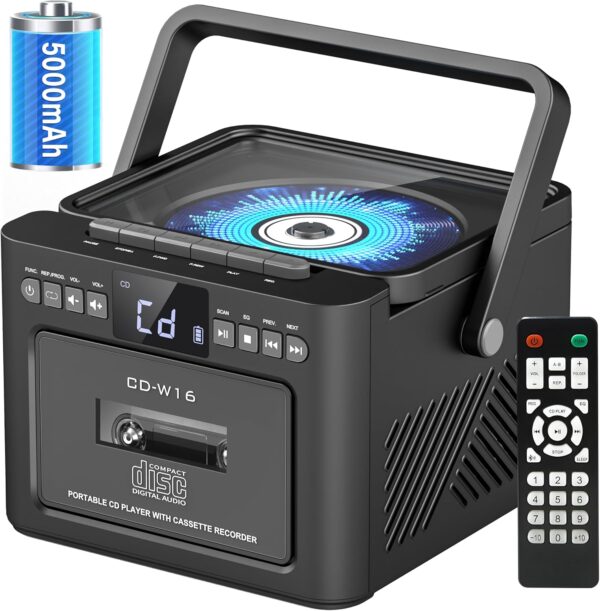 Boombox Cassette CD Player Bluetooth5.1 with 5000mAh Battery,5W Dual Stereo Speakers,Rechargeable CD Player with FM Radio,Remote Control,Tape Recording,3.5mm Earphone Jack,AUX/Micro SD/USB for Home